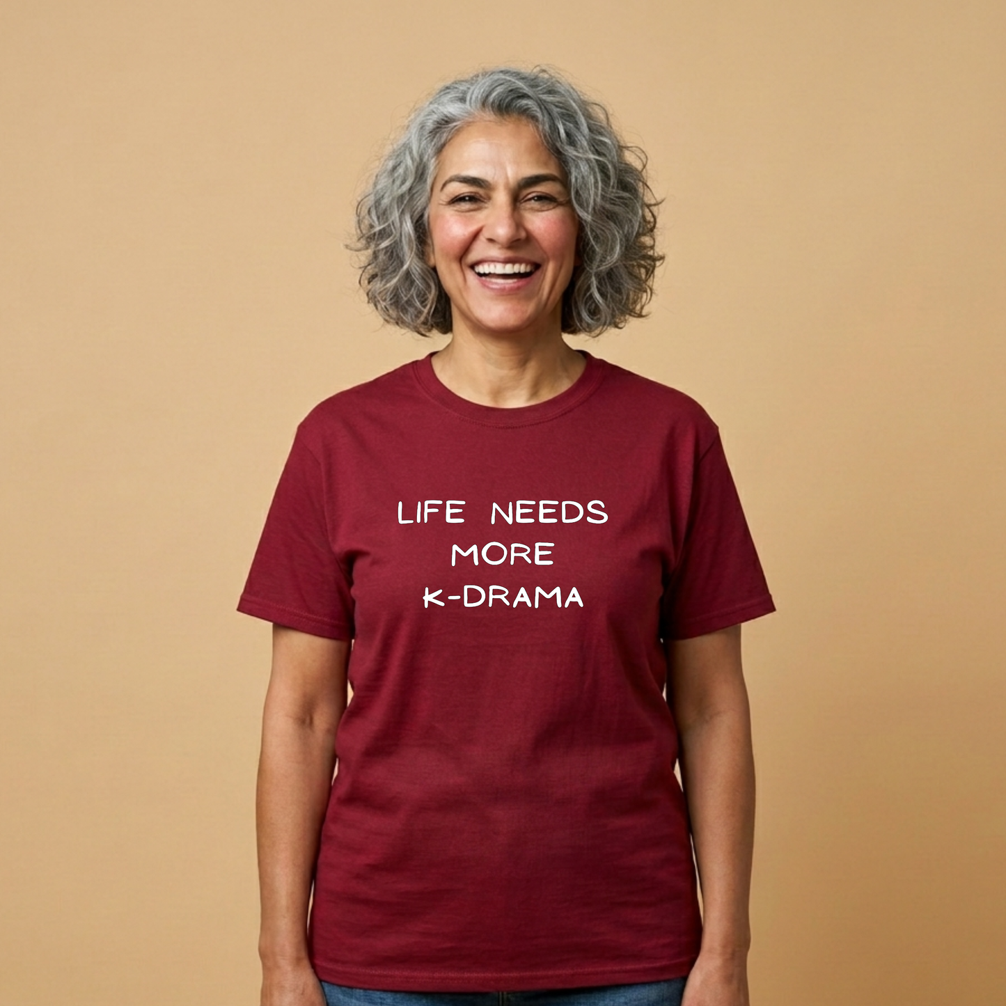 woman wearing red t-shirt for Korean show fans with 'LIFE NEEDS MORE K-DRAMA' text by Kjota