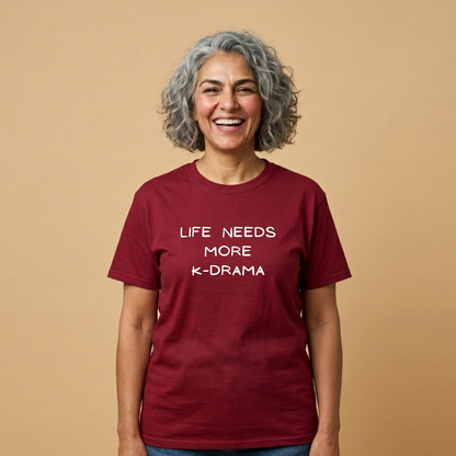 woman wearing red t-shirt for Korean show fans with 'LIFE NEEDS MORE K-DRAMA' text by Kjota