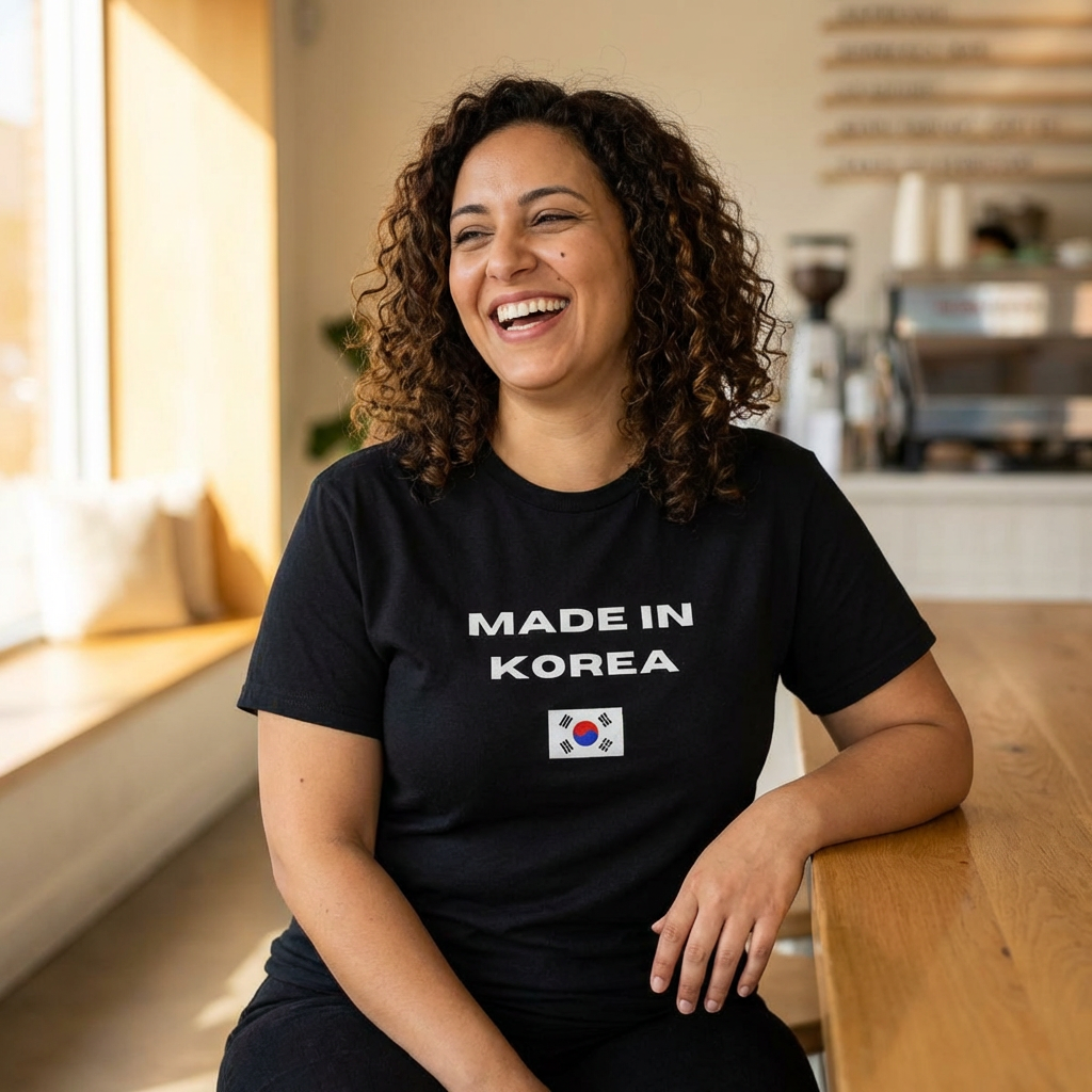woman wearing a black t-shirt with “Made in Korea” text and South Korean flag, K-fandom apparel by Kjota