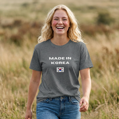 woman wearing a gray t-shirt with “Made in Korea” text and South Korean flag, K-fandom apparel by Kjota