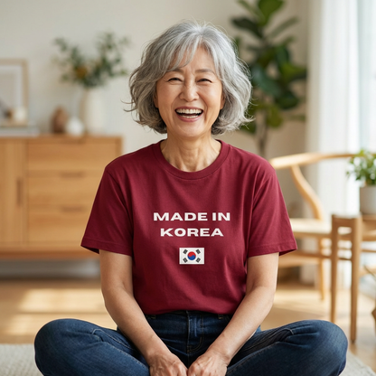 woman wearing a red t-shirt with “Made in Korea” text and South Korean flag, K-fandom apparel by Kjota