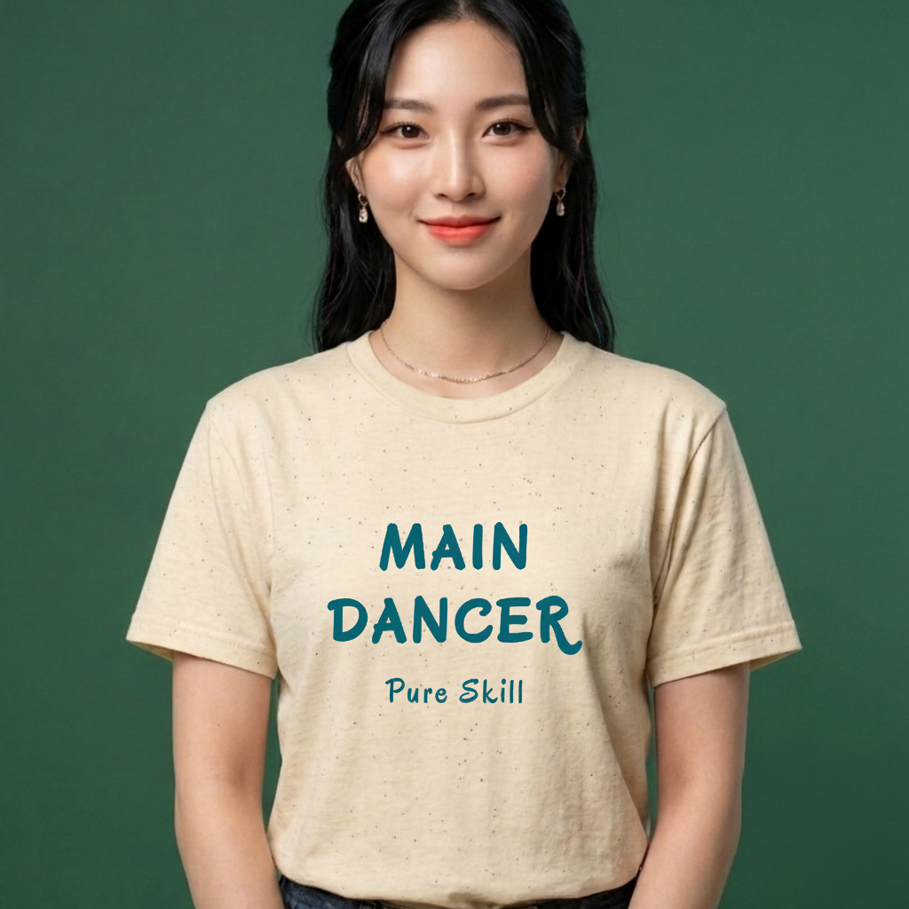 woman wearing a K-pop group member role fan beige t-shirt with “Main dancer Pure Skill” printed on front. K-pop fan cotton tee by Kjota