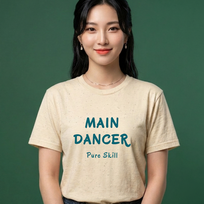 woman wearing a K-pop group member role fan beige t-shirt with “Main dancer Pure Skill” printed on front. K-pop fan cotton tee by Kjota