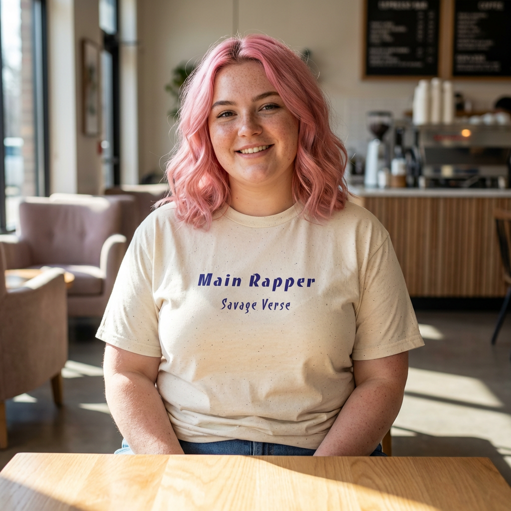 woman wearing main rapper savage verse K-pop fan t-shirt offwhite by Kjota