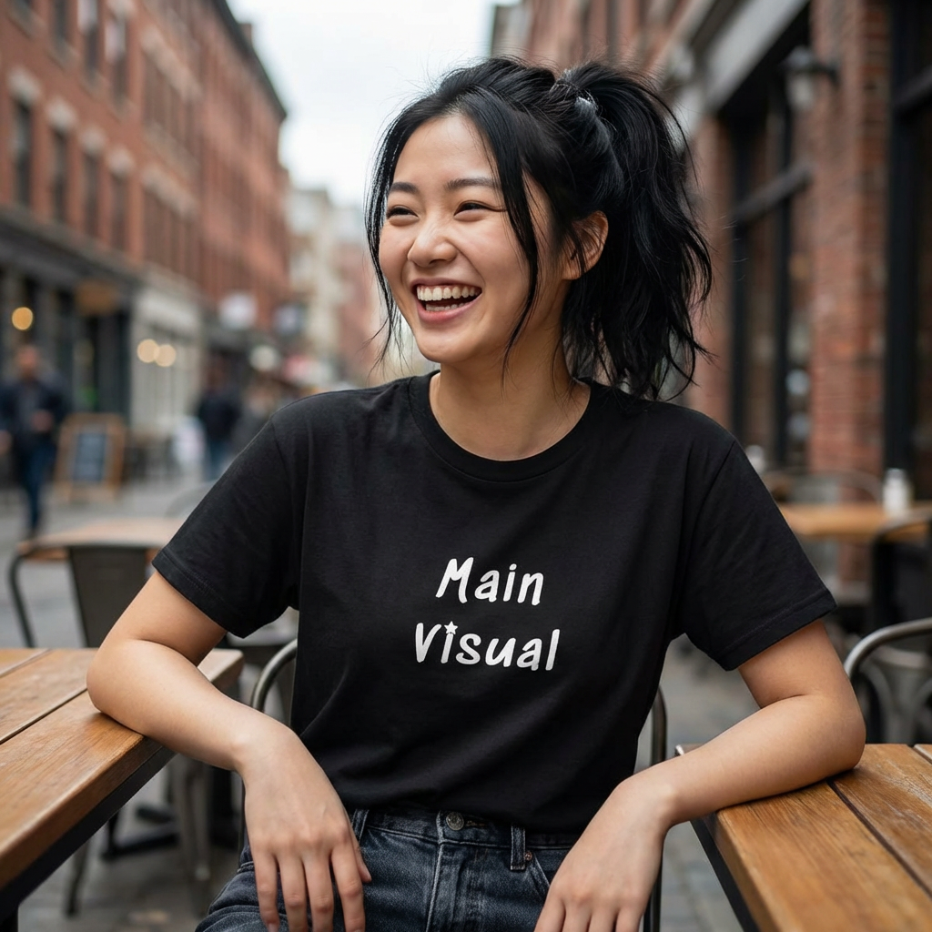 woman wearing main visual K-pop fan t-shirt black by Kjota