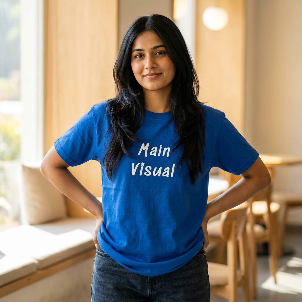 woman wearing main visual K-pop fan t-shirt blue by Kjota