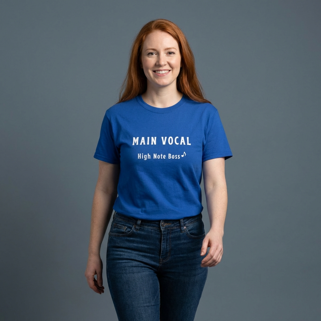 woman wearing main vocal high note K-pop fan t-shirt blue by Kjota