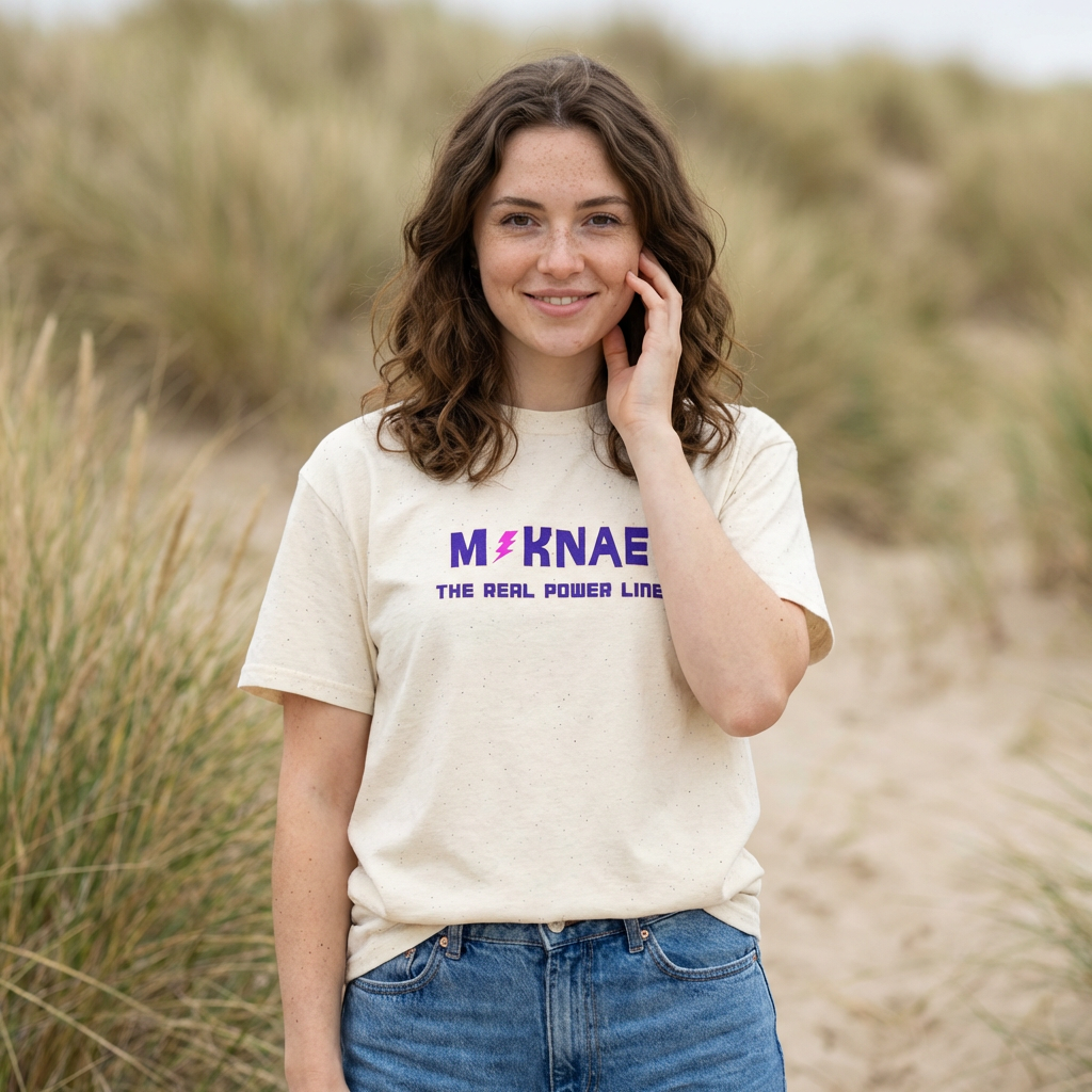 woman wearing “Maknae the real power line” youngest member K-pop fan t-shirt beige by Kjota