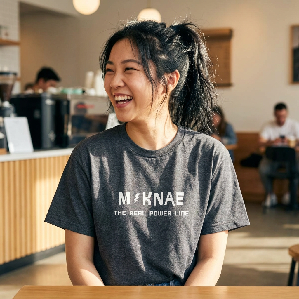 woman wearing “Maknae the real power line” youngest member K-pop fan t-shirt gray by Kjota