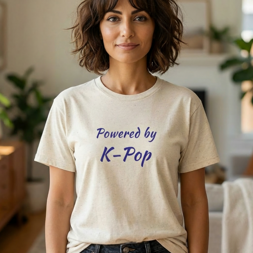 A woman wearing a light beige crewneck t-shirt with the text 'Powered by K-Pop' printed in blue on the front, set against a softly blurred indoor background by Kjota