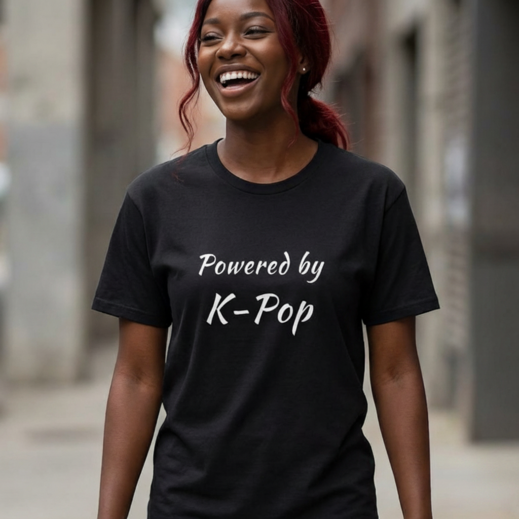 A woman with red hair smiling and walking down an outdoor street, wearing a black t-shirt with the white text 'Powered by K-Pop' printed on the front by Kjota