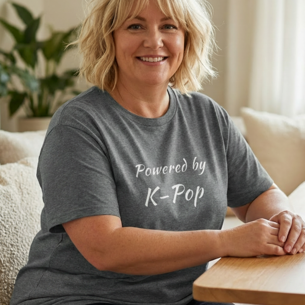 A smiling blonde woman seated indoors wearing a gray T-shirt with white text reading 'Powered by K-Pop' by Kjota