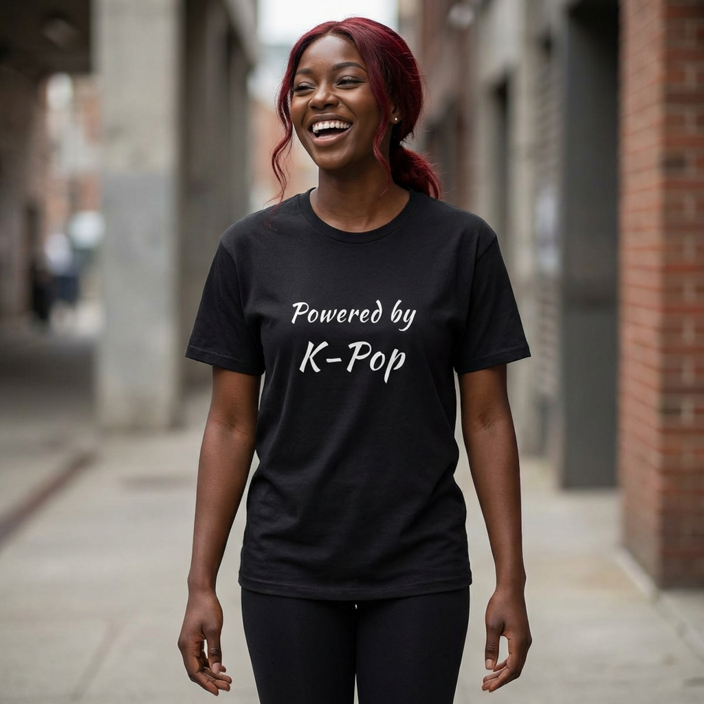woman wearing Powered by K-pop fan t-shirt black by Kjota