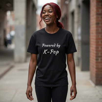 woman wearing Powered by K-pop fan t-shirt black by Kjota