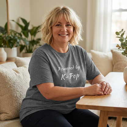 woman wearing Powered by K-pop fan t-shirt gray by Kjota