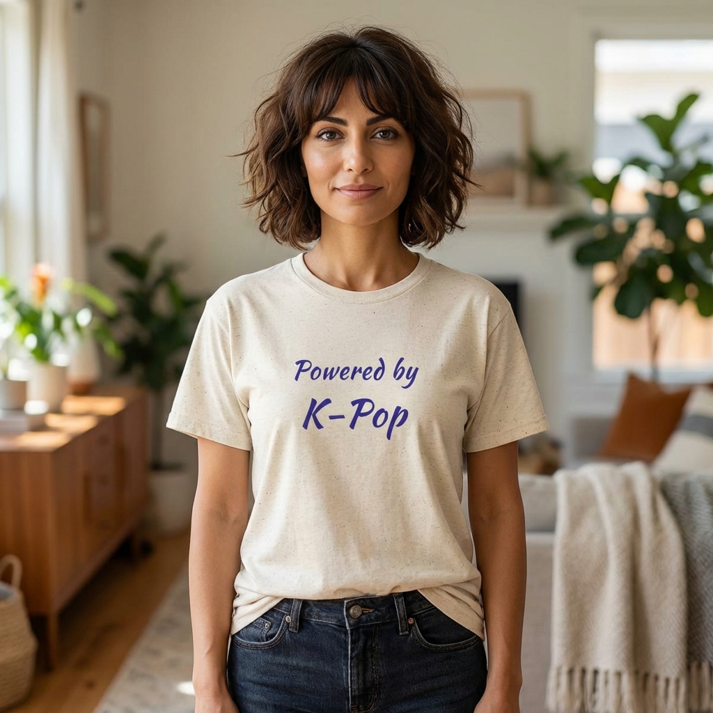 woman wearing Powered by K-pop fan t-shirt offwhite by Kjota