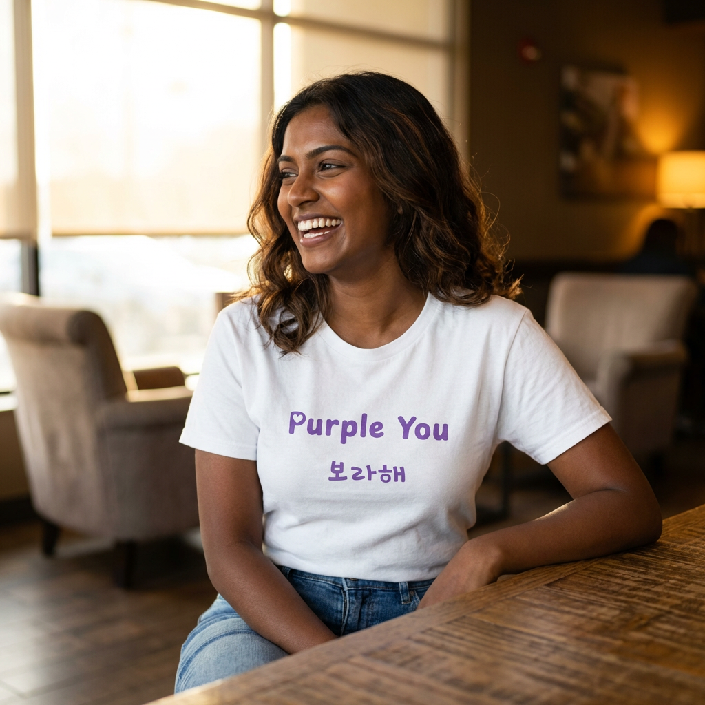 woman wearing Borahae purple you BTS fan white t-shirt by Kjota