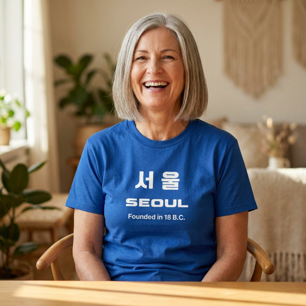 woman wearing Seoul Korea founded in 18 BC travel Korean city blue travel t-shirt