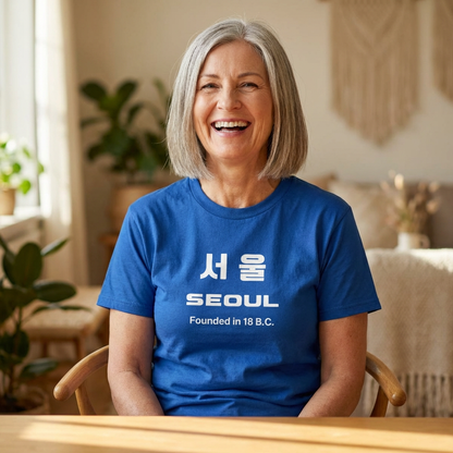 woman wearing Seoul Korea founded in 18 BC travel Korean city blue travel t-shirt