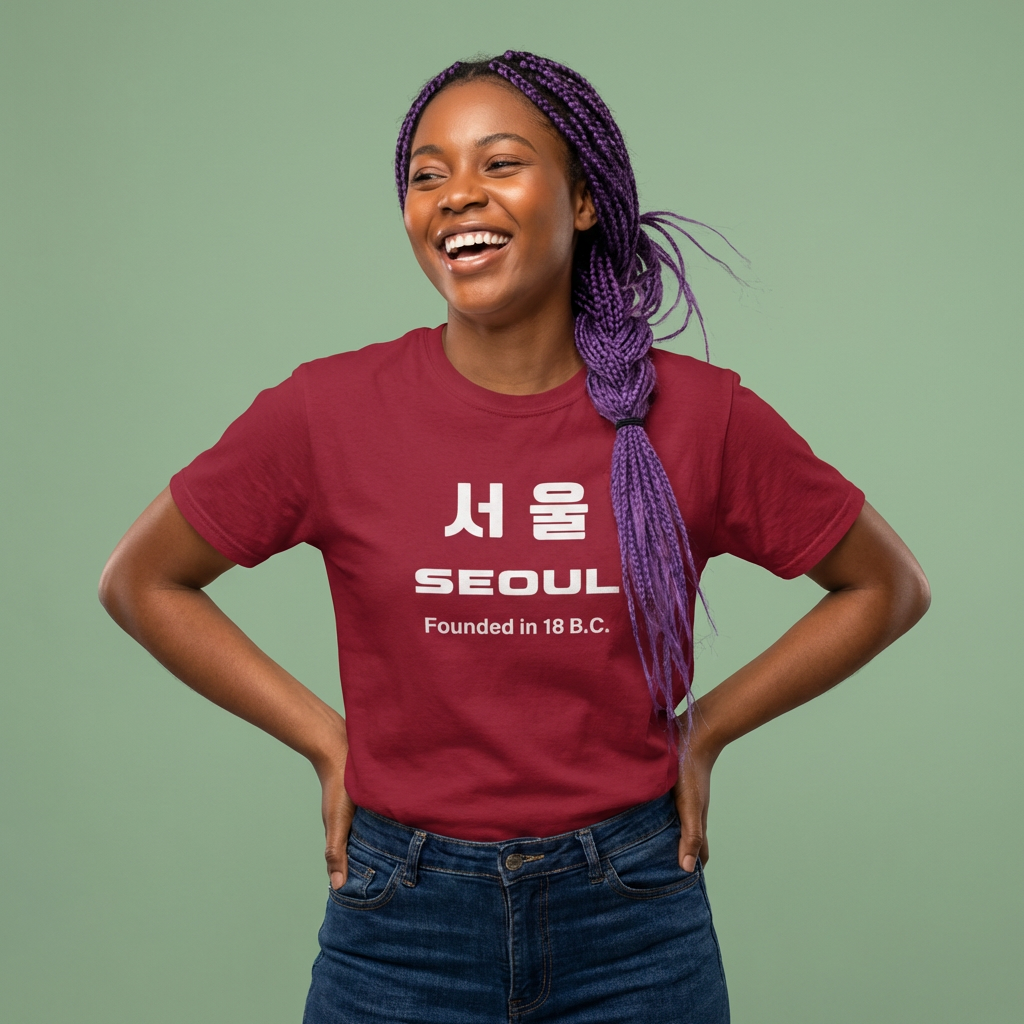 woman wearing Seoul Korea founded in 18 BC travel Korean city red travel t-shirt