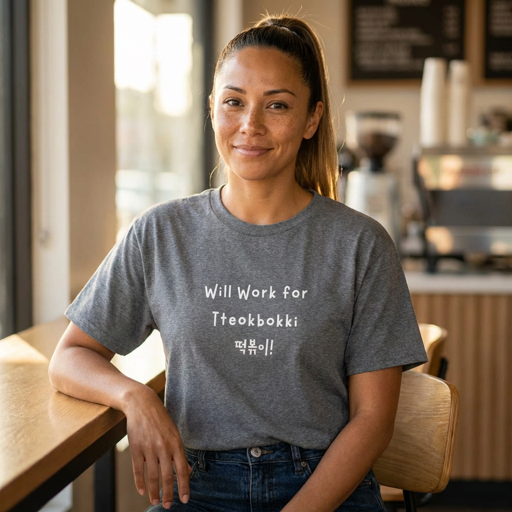 woman wearing “will work for tteokbokki” Korean street food fan gray t-shirt by Kjota