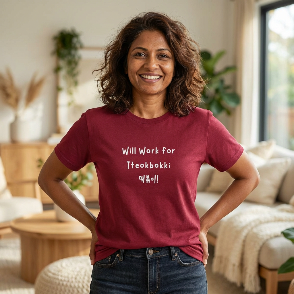 woman wearing “will work for tteokbokki” Korean street food fan red t-shirt by Kjota