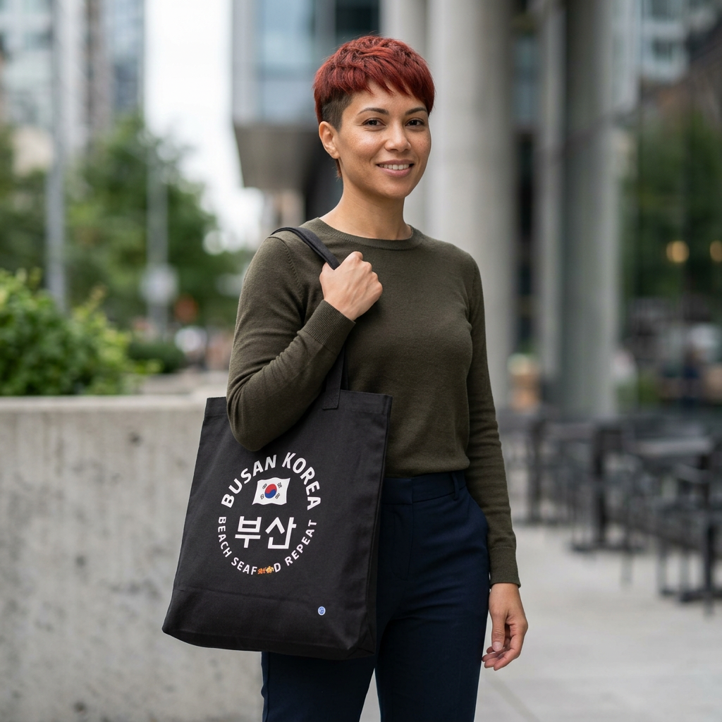woman with Busan Korea beach seafood repeat travel canvas tote bag black by Kjota