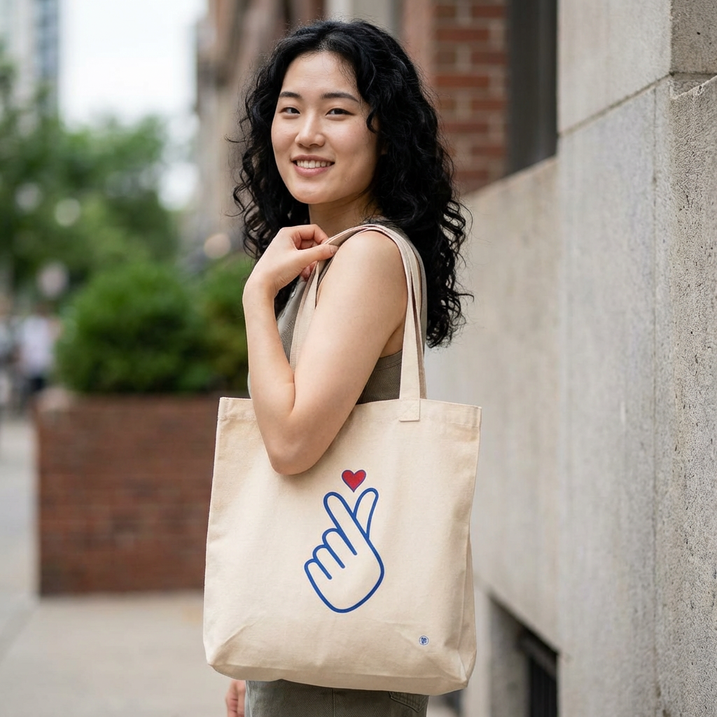 woman with Finger heart Korean saranghaeyo K-pop fan beige canvas tote bag for photocard trading events by Kjota