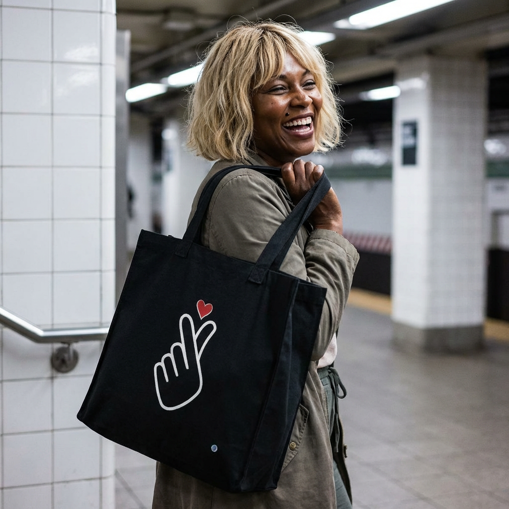 woman with Finger heart Korean saranghaeyo K-pop fan black canvas tote bag for photocard trading events by Kjota