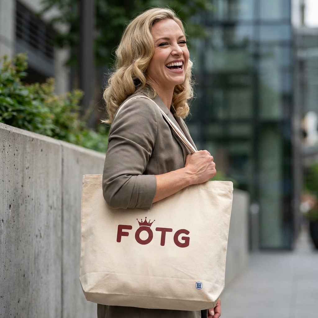 woman with FOTG Face of the Group K-Pop fan beige canvas tote bag for photocard trading events by Kjota