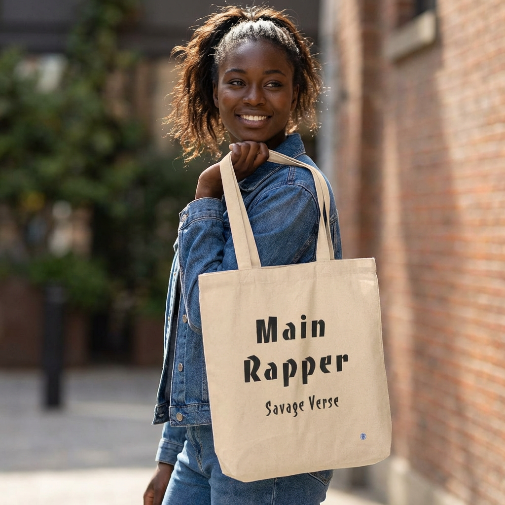 woman with Main rapper savage verse K-pop fan beige canvas tote bag for photocard trading events by Kjota
