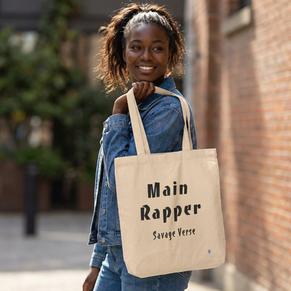 woman with Main rapper savage verse K-pop fan beige canvas tote bag for photocard trading events by Kjota