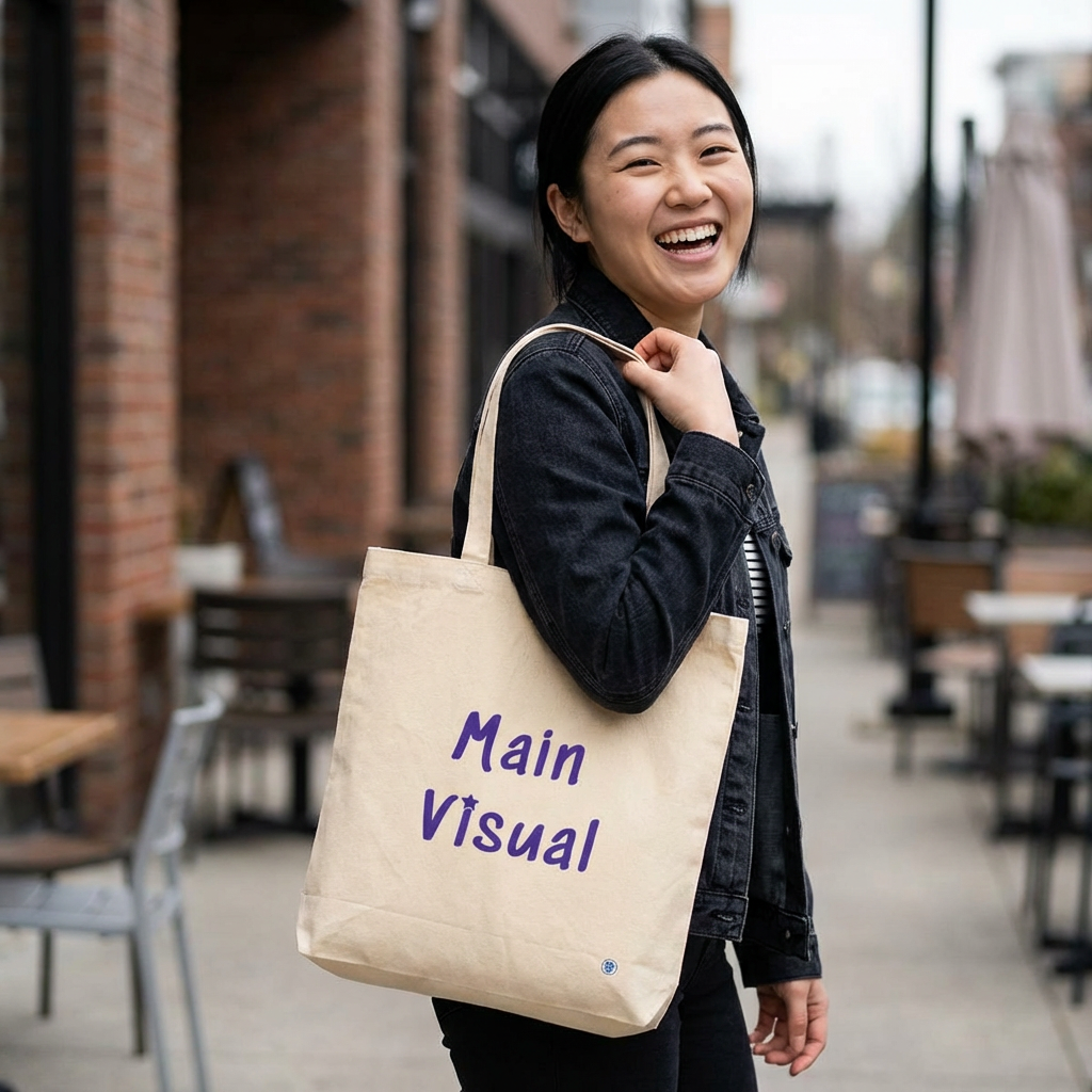 woman with Main Visual K-pop fan beige canvas tote bag for photocard trading events by Kjota