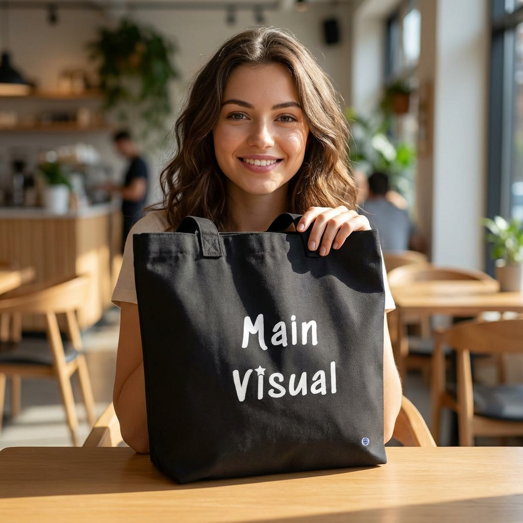 woman with Main visual K-pop fan black canvas tote bag for photocard trading events by Kjota