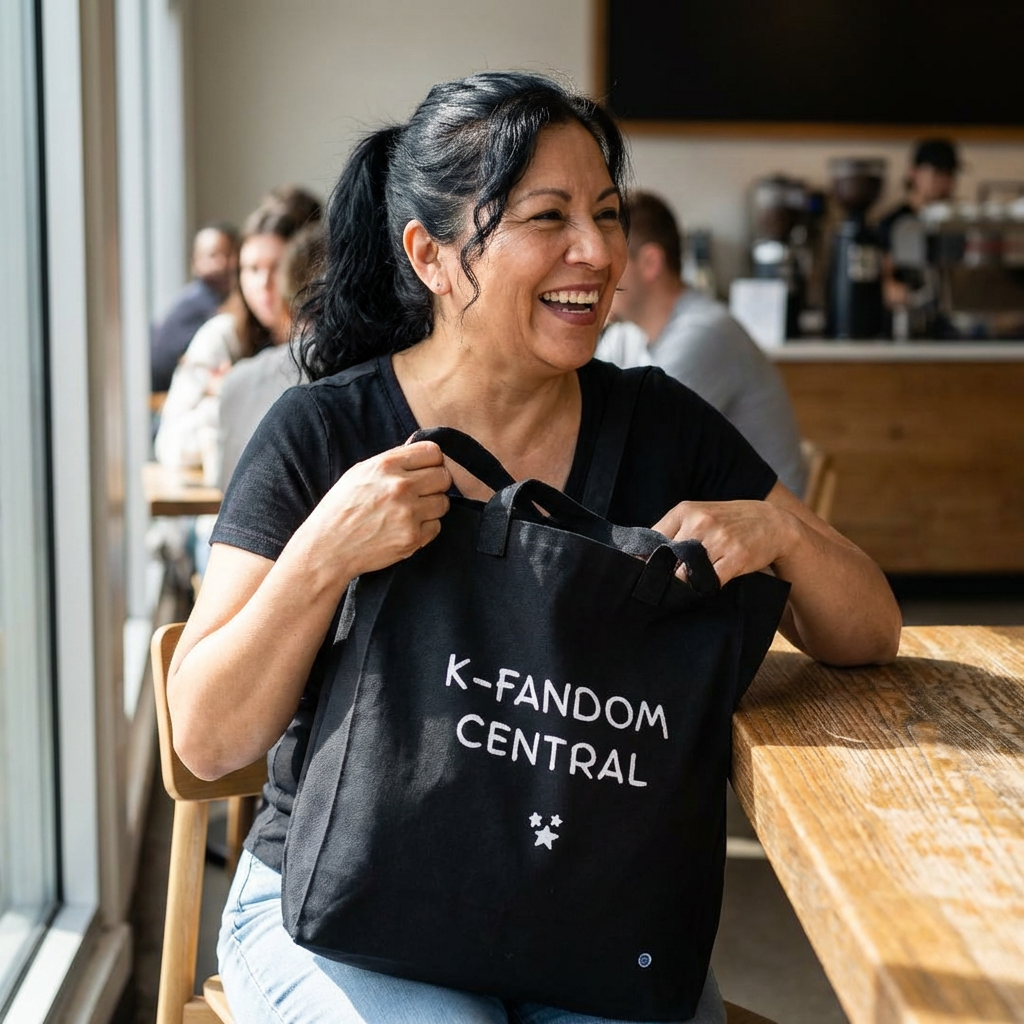 woman holding “K fandom central” Korean wave Hallyu culture fan canvas tote bag black by Kjota
