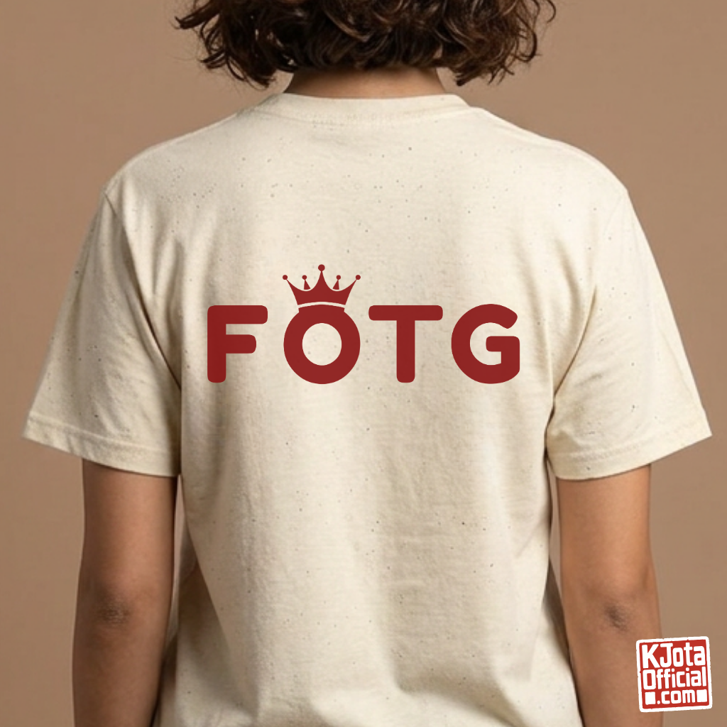 Back of a woman wearing FOTG Face of the Group K-Pop idol group member role bias t-shirt beige by K-Jota