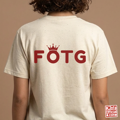 Back of a woman wearing FOTG Face of the Group K-Pop idol group member role bias t-shirt beige by K-Jota