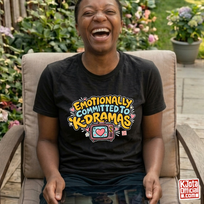 woman wearing “Emotionally Committed to K-dramas” printed on front of black t-shirt, Korean show binge watching outfit by K-Jota