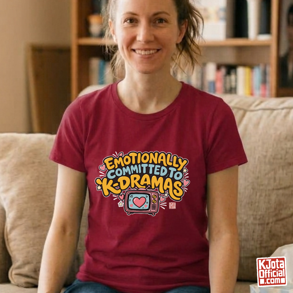 woman wearing “Emotionally Committed to K-dramas” printed on front of red t-shirt, Korean show binge watching outfit by K-Jota