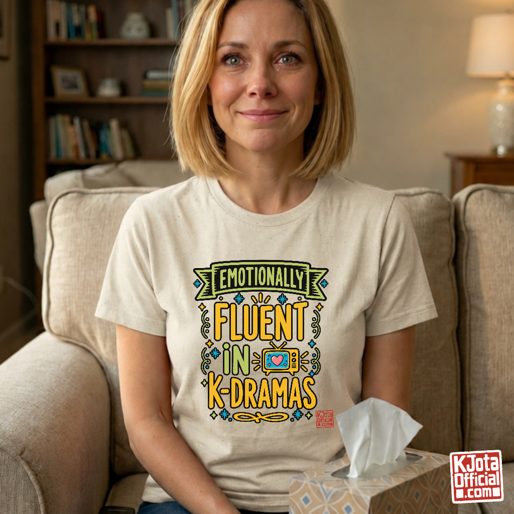 woman wearing a beige tee with “Emotionally Fluent in K-Dramas” printed on front, Korean show superfan identity binge watching t-shirt by K-Jota