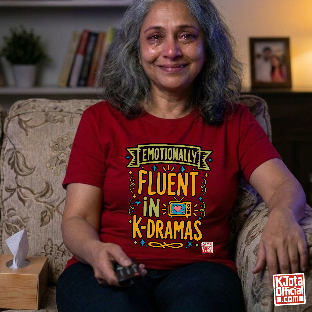 woman wearing a red tee with “Emotionally Fluent in K-Dramas” printed on front, Korean show superfan identity binge watching t-shirt by K-Jota