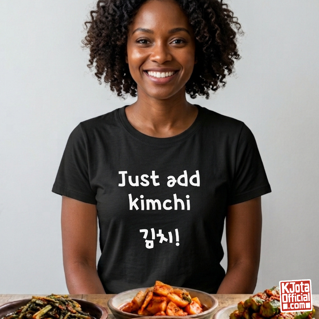 woman wearing a black t-shirt with “Just add kimchi” printed on front by K-Jota