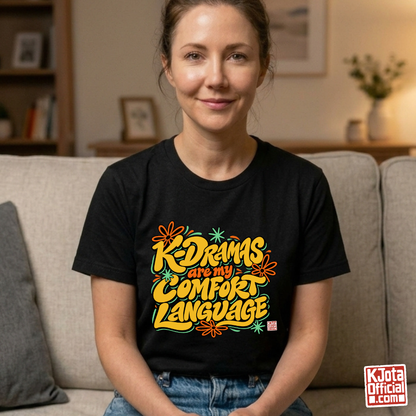 woman wearing a black t-shirt with “K-Dramas Are My Comfort Language” printed on front by K-Jota