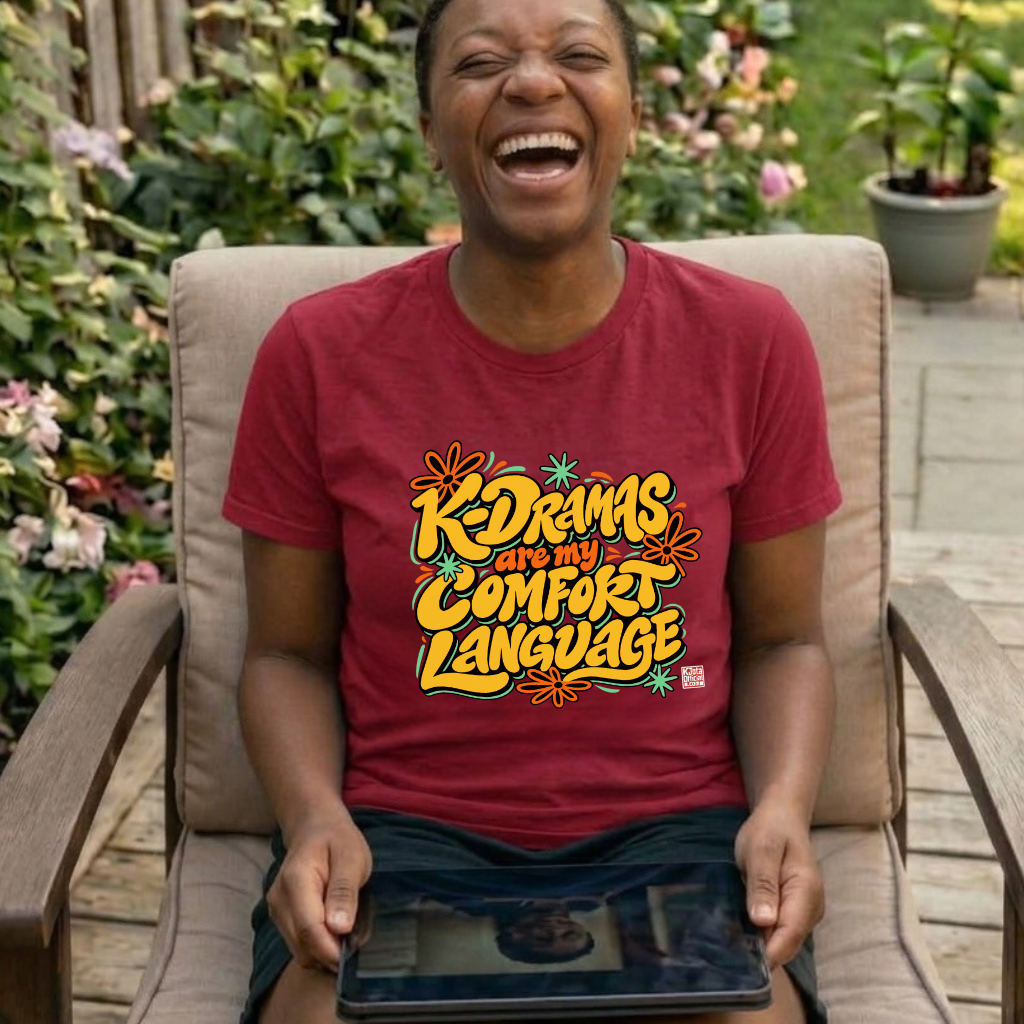 woman wearing a red t-shirt with “K-Dramas Are My Comfort Language” printed on front by K-Jota